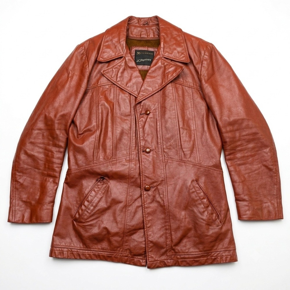 Vintage JCPenney Mens 38 Leather Car Coat Cognac Brown 70s Zip Out Liner Jacket - Picture 1 of 9